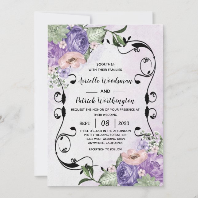 Invitación #Elegant Airy Boho Boda Floral Purple & Silver (Anverso)