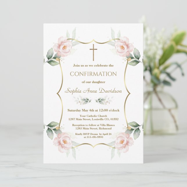 Invitación Elegant Airy Greenery Pink Floral Confirmation  (Anverso de pie)