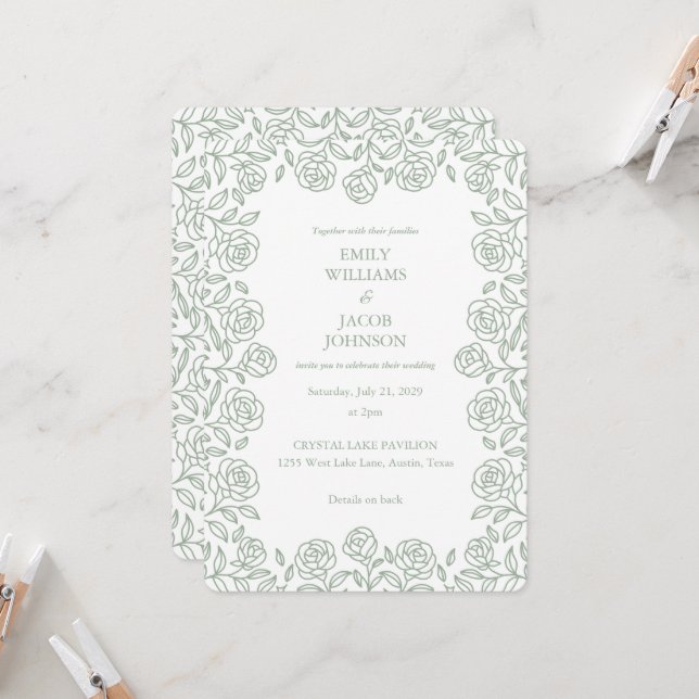 Invitación Elegant All in One Floral Sage & White Wedding (Anverso/Reverso In Situ)