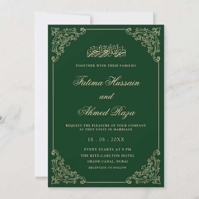 Invitación Elegant Antique Green Gold Script Muslim Wedding (Anverso)