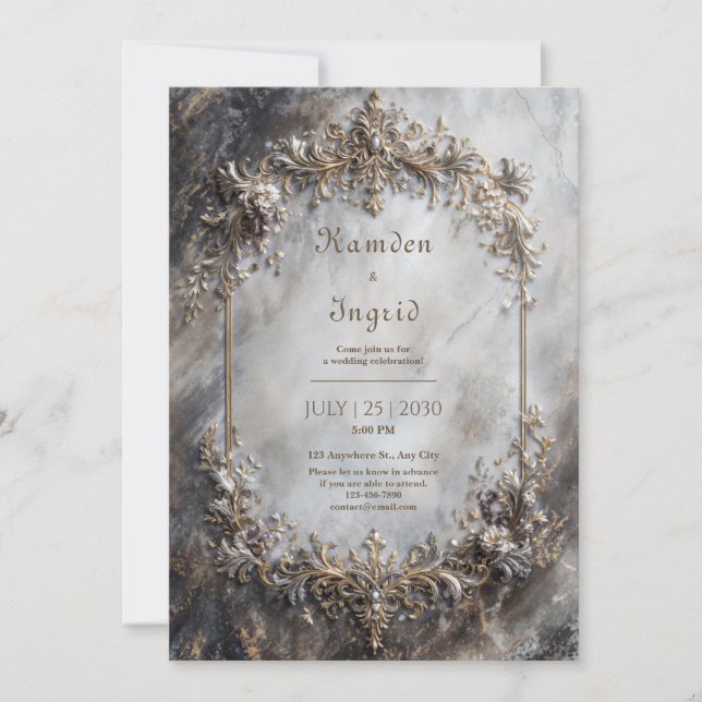 Invitación Elegant Antique Silver Gold Baroque Marble Wedding (Anverso)