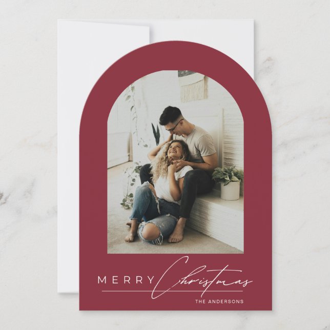 Invitación Elegant Arch 1 Photo Red Christmas Holiday Card (Anverso)