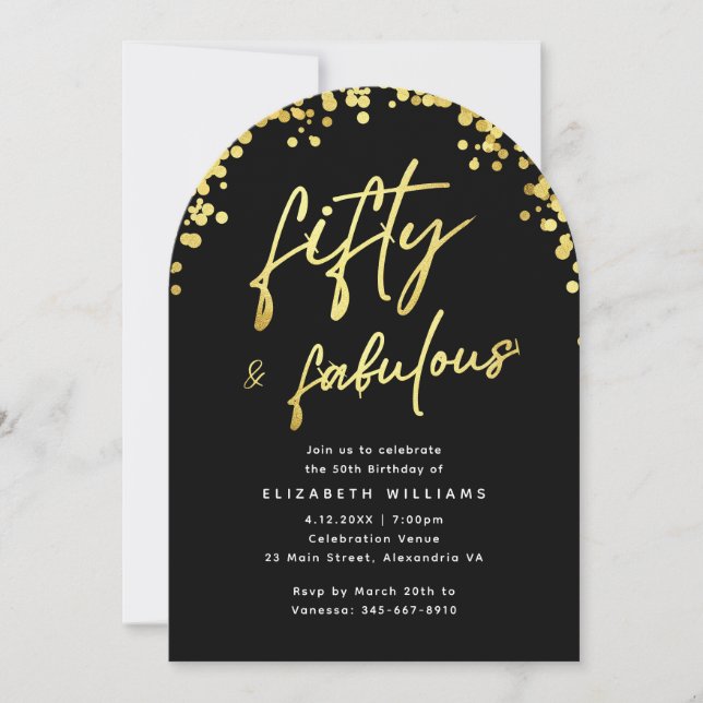 Invitación Elegant Arch Black Fifty y Cumpleaños Fabuloso (Anverso)