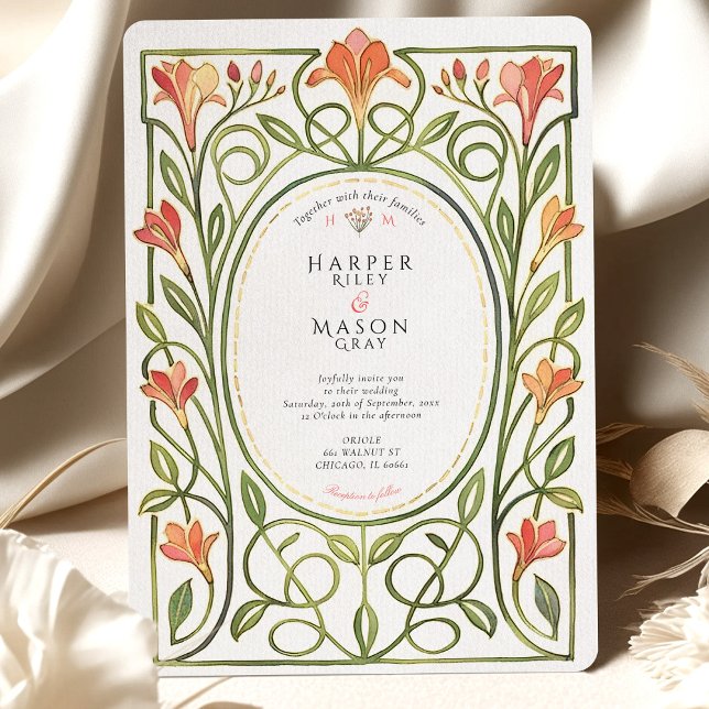 Invitación Elegant Art Nouveau Coral Lily Wedding Invite (Subido por el creador)