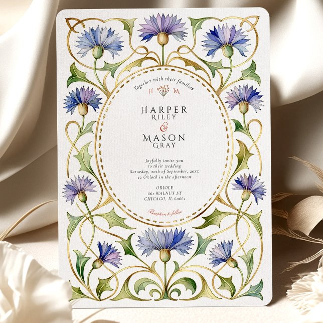 Invitación Elegant Art Nouveau Cornflower Gold Wedding (Subido por el creador)