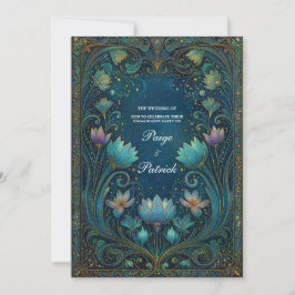 Invitación Elegant Art Nouveau Cyan Lotus Floral Wedding