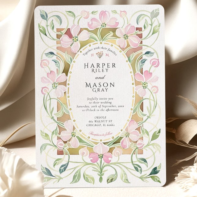 Invitación Elegant Art Nouveau Pink Floral Gold Frame Wedding (Subido por el creador)
