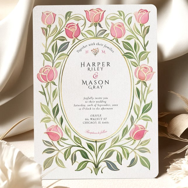 Invitación Elegant Art Nouveau Pink Rose Floral Wedding (Subido por el creador)