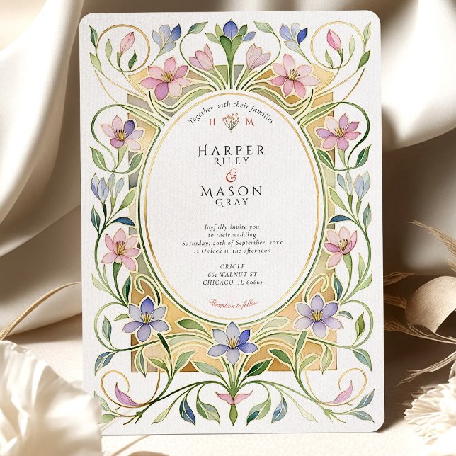 Invitación Elegant Art Nouveau Spring Floral Gold Wedding (Subido por el creador)