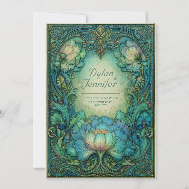 Invitación Elegant Art Nouveau Teal Floral Antique Wedding (Anverso)