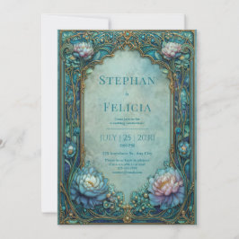 Invitación Elegant Art Nouveau Teal Floral Arched Wedding