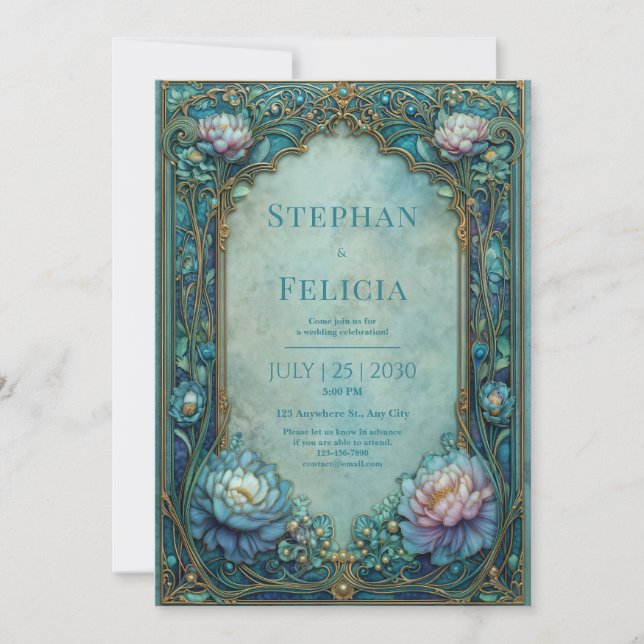 Invitación Elegant Art Nouveau Teal Floral Arched Wedding (Anverso)