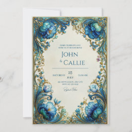Invitación Elegant Art Nouveau Teal Floral Gilded Wedding