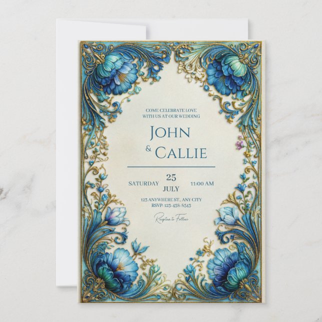 Invitación Elegant Art Nouveau Teal Floral Gilded Wedding (Anverso)