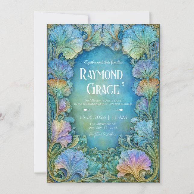 Invitación Elegant Art Nouveau Teal Mosaic Floral Wedding (Anverso)