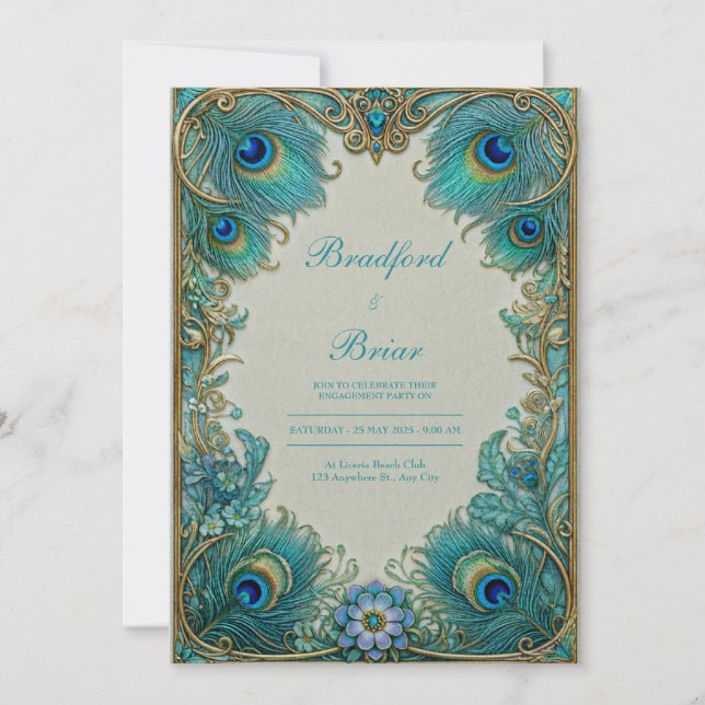 Invitación Elegant Art Nouveau Turquoise Plume Gilded Wedding (Anverso)
