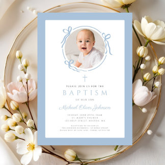 Invitación Elegant Baby Blue Bow Photo Baptism