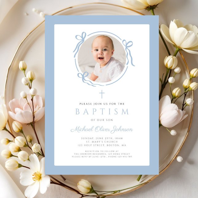 Invitación Elegant Baby Blue Bow Photo Baptism (Elegant Baby Blue Bow Photo Baptism Invitation)