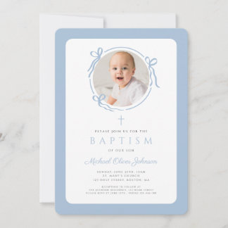 Invitación Elegant Baby Blue Bow Photo Boy Baptism