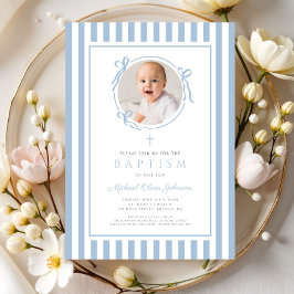 Invitación Elegant Baby Blue Bow Photo Boy Baptism