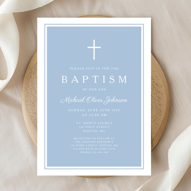 Invitación Elegant Baby Blue Cross Boy Baptism (Elegant Baby Blue Cross Boy Baptism Invitation)