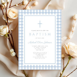 Invitación Elegant Baby Blue Gingham Boy Baptism