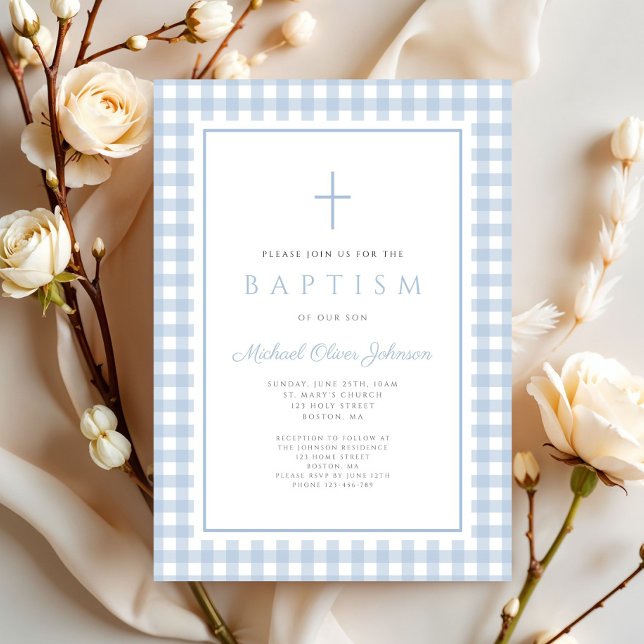 Invitación Elegant Baby Blue Gingham Boy Baptism (Elegant Baby Blue Gingham Boy Baptism Invitation)
