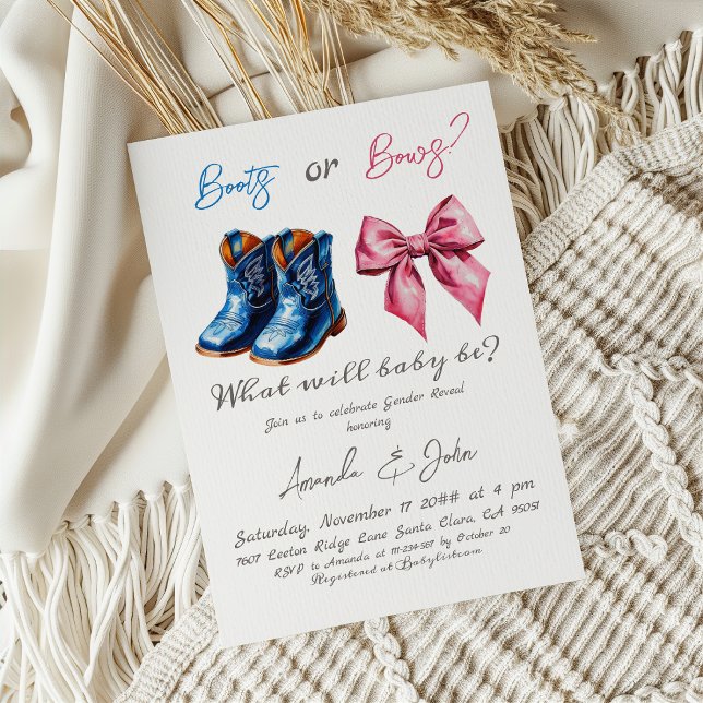 Invitación Elegant Baby Boots or Bows Pink Blue Gender Reveal (Subido por el creador)