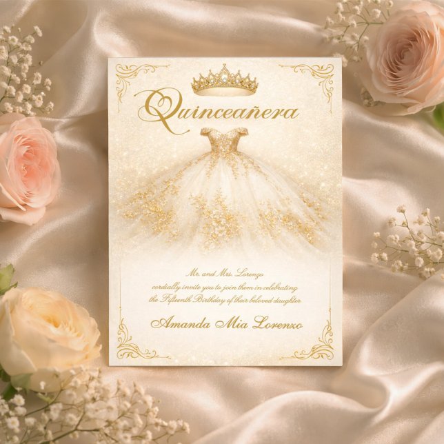 Invitación Elegant Ball Gown | Ivory & Gold Quinceanera (Subido por el creador)