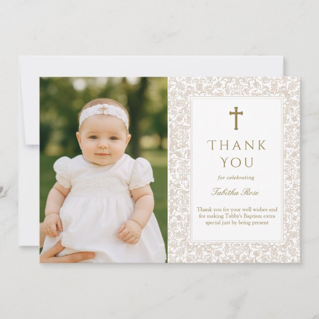 Invitación Elegant Baptism  | Gold Cross Photo Thank You (Anverso)