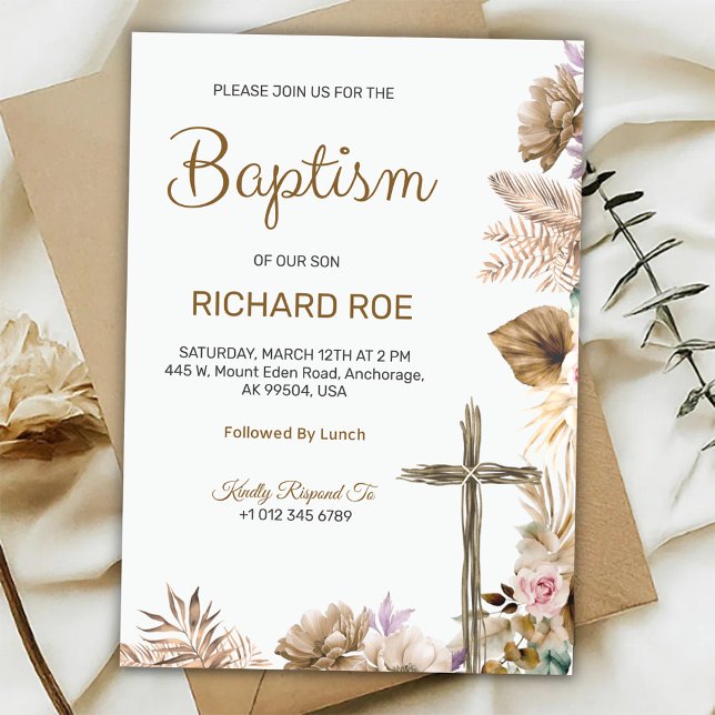 Invitación Elegant baptism invitation featuring floral accent (Subido por el creador)