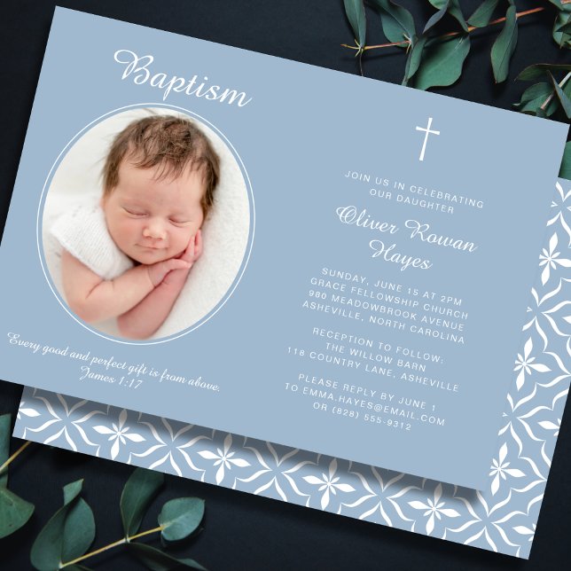 Invitación Elegant Baptism Religious Cross Photo Dusty Blue (Fully editable — personalize every detail.)