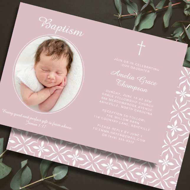 Invitación Elegant Baptism Religious Cross Photo Dusty Pink (Fully editable — personalize every detail.)