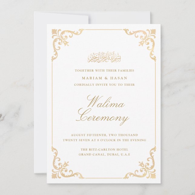 Invitación Elegant Baroque Gold Frame Script Walima Ceremony (Anverso)
