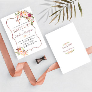 Invitación Elegant Bautizo Con Flores Rose Gold Girl Baptism