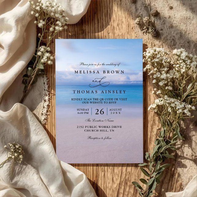 Invitación Elegant Beach Ocean Watercolor QR Code Wedding (Subido por el creador)