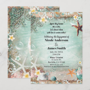 Invitación Elegant Beach Sea Starfish Pearls Engagement Photo