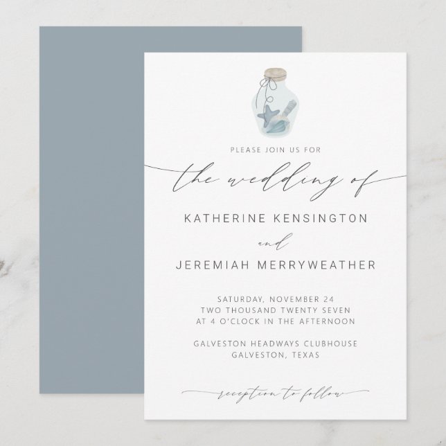 Invitación Elegant Beach Seashell Boda de caligrafía moderna (Anverso / Reverso)
