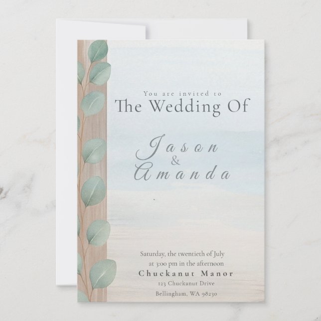 Invitación Elegant Beach with Soft Blue Wash & Sand Dollar In (Anverso)