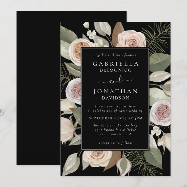 Invitación Elegant Beige Black Watercolor Floral Wedding (Anverso / Reverso)