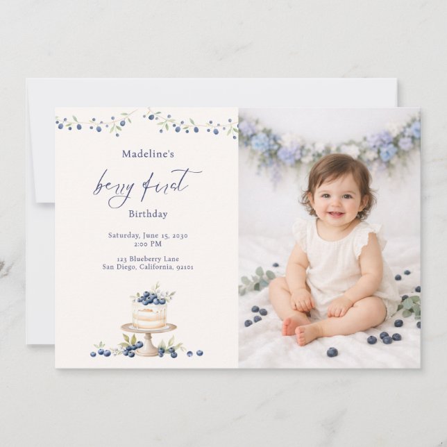 Invitación Elegant Berry First Blueberry Birthday Cake Photo (Anverso)