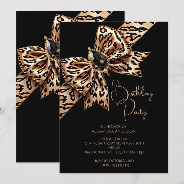 Invitación Elegant Birthday Black Gold Leopard Animal Bow (Subido por el creador)