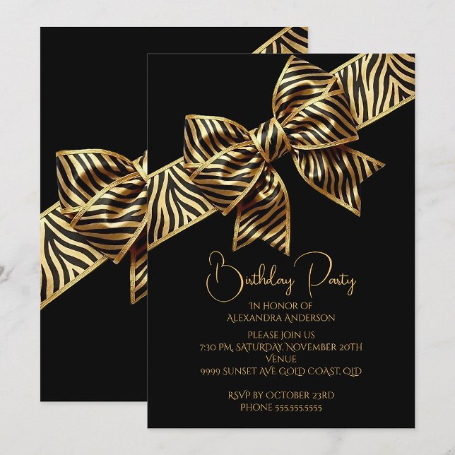 Invitación Elegant Birthday Black Gold Wild Zebra Stripe Bow (Subido por el creador)