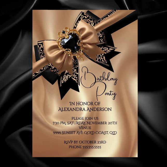 Invitación Elegant Birthday Coffee Gold Black Brocade Bow Gem (Subido por el creador)