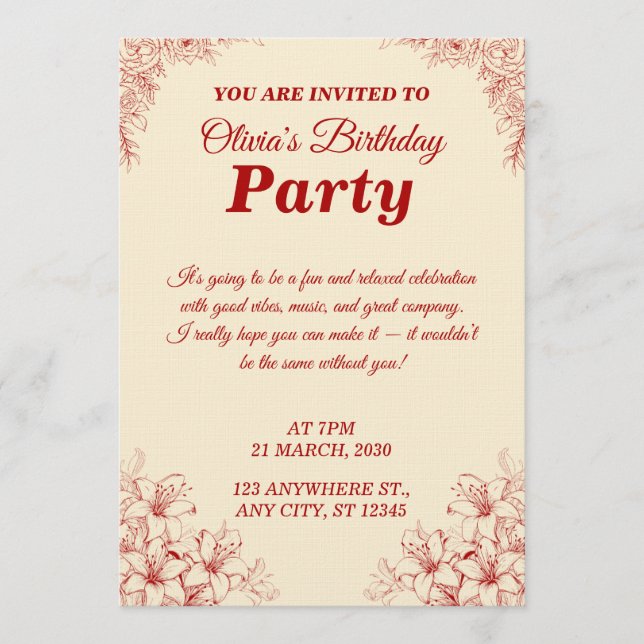 Invitación Elegant Birthday Invitation Card – Custom Floral D (Anverso)