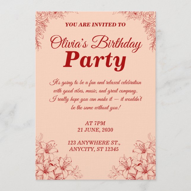 Invitación Elegant Birthday Invitation Card – Floral Design (Anverso)