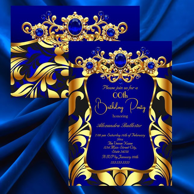 Invitación Elegant Birthday Party Blue Gold Black Damask Gems (Subido por el creador)