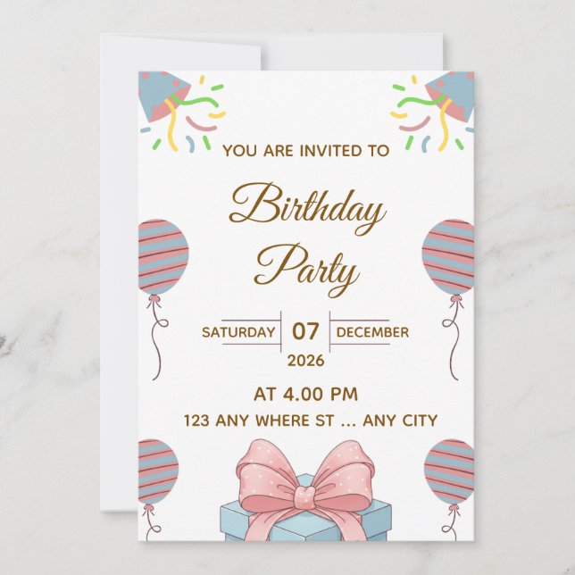 Invitación Elegant Birthday Party Invitation with Balloons (Anverso)