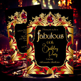 Invitación Elegant Birthday Party Red Gold Black Damask Gems