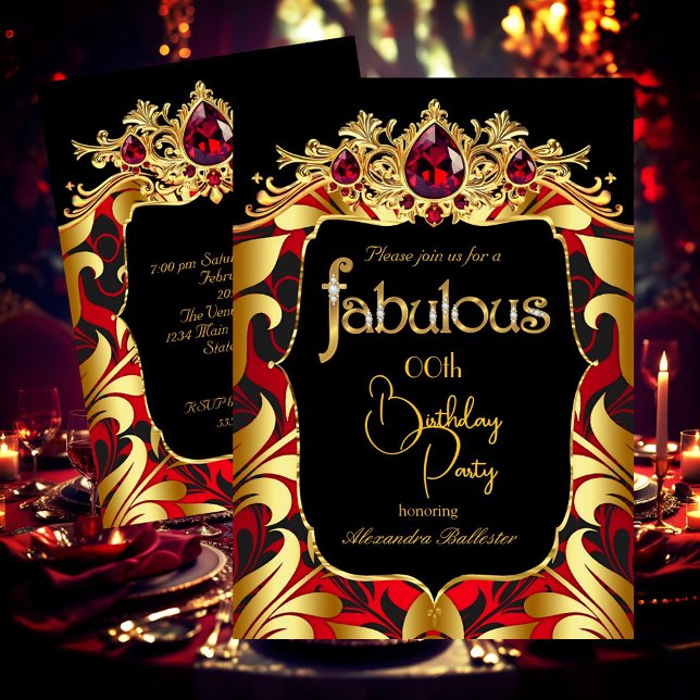 Invitación Elegant Birthday Party Red Gold Black Damask Gems (Subido por el creador)